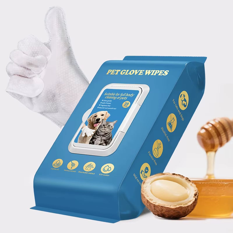 Factory Custom Logo Label Pet Bathing 20 Pcs Deodorizing Cleaning Wet Gloves Cleaning Pet Glove Wipes for Dogs and Cats